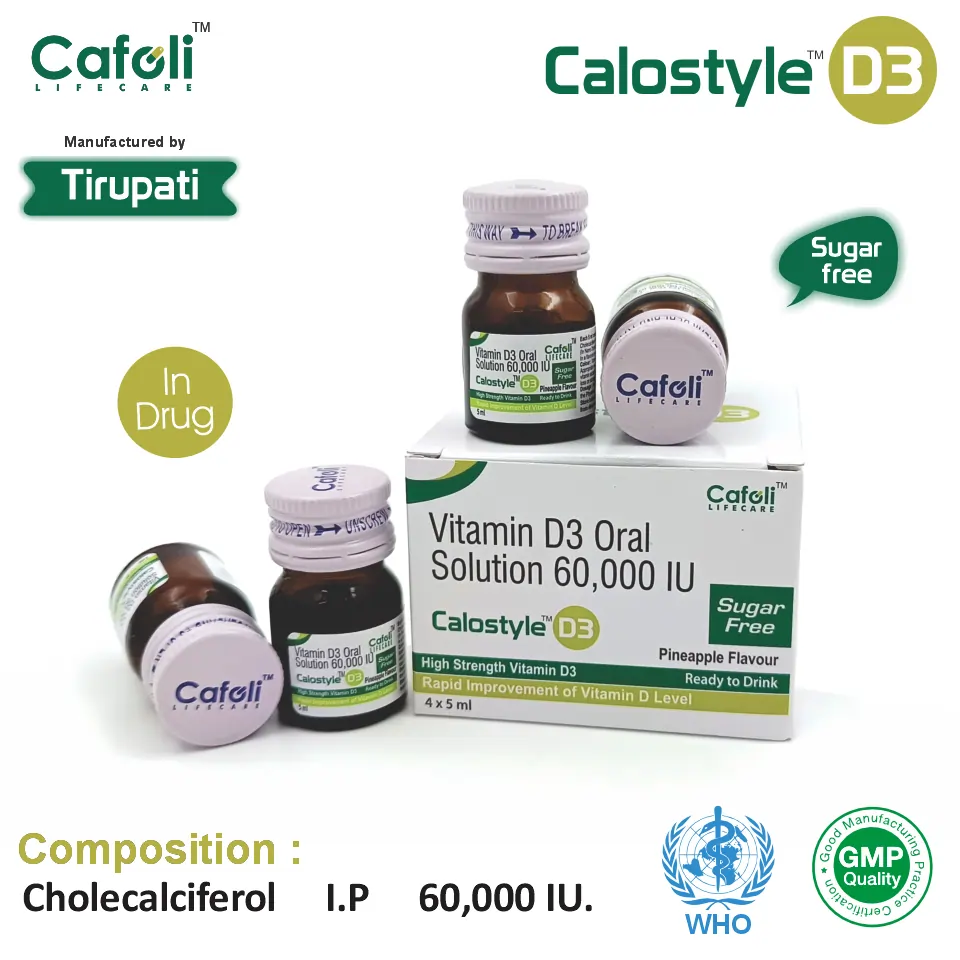 Vitamin D3 (60000IU) Nano Shots Manufactured by Tirupati box packing, Composition and Brand name